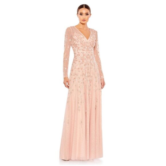 Mac Duggal Embellished Wrap Over Illusion Long Sleeve A Line Gown 16 Peach #8205 - Picture 1 of 8